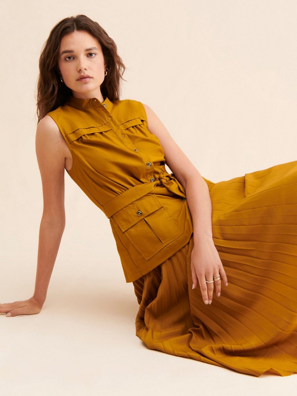 Anthropologie Sleeveless Belted Shirt Dress in Mustard M